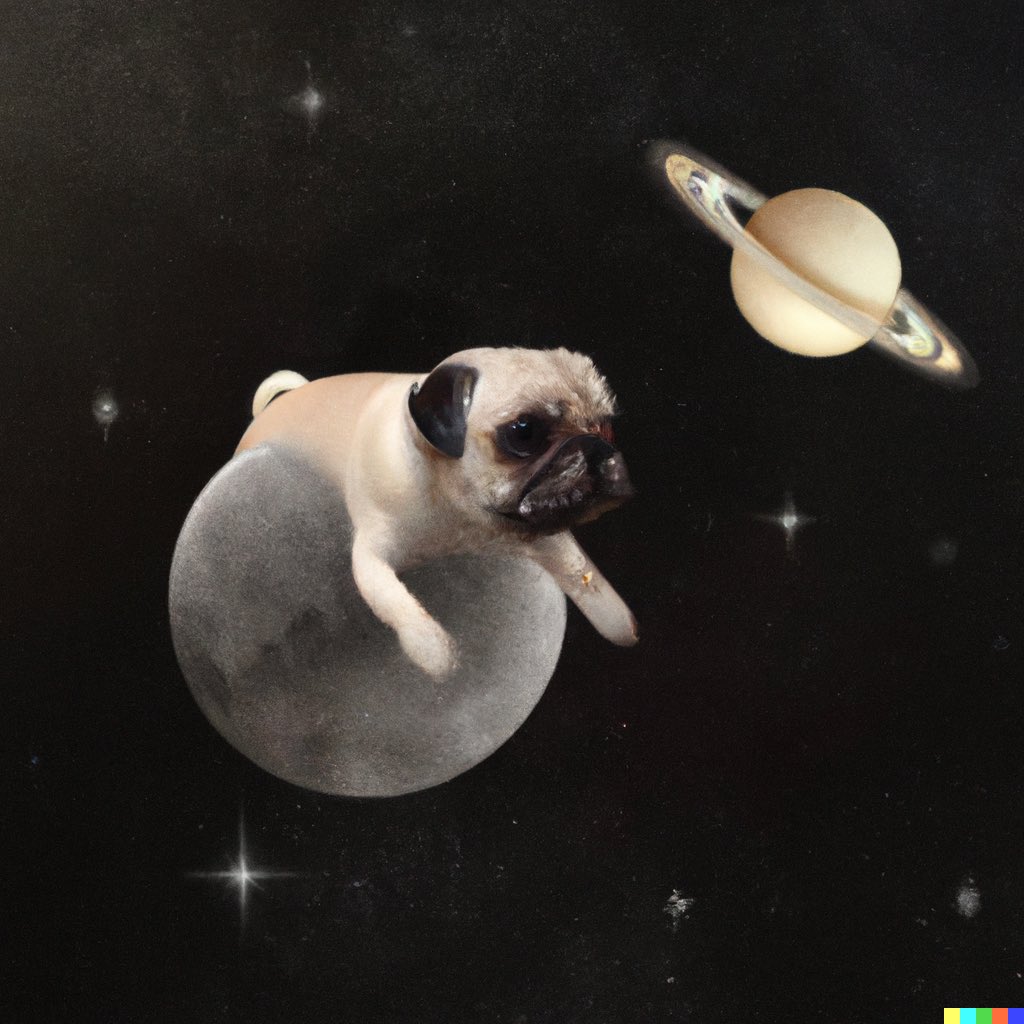 Dortzo's tweet photo. Una pintura realista de un Pug volando sobre Saturno. ¿Cuál les gusta más?

#dalle2 #aigeneratedart https://t.co/1lsXc3c7kh