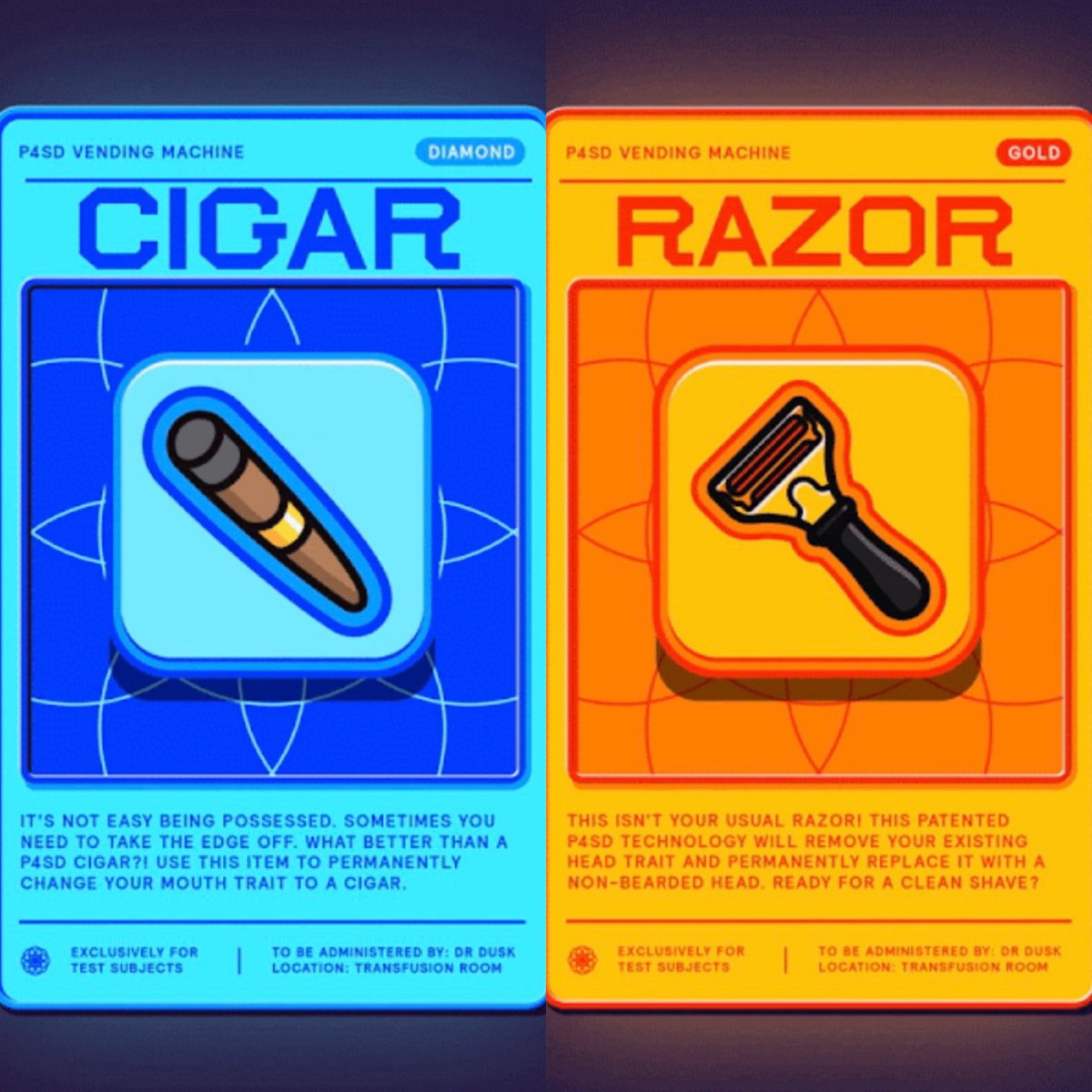 ghostdotxyz's tweet photo. Pulled a Cigar and Razor from @ThePossessedNFT Vending Machine 🤷🏼♂️ If any of the #posse is interested, hmu. Not looking to alter either of my #pssssdtestsubject, but the VM token burn and the ability to swap traits has the Lab on fire right now! 🧪 https://t.co/c44gnfmGs9