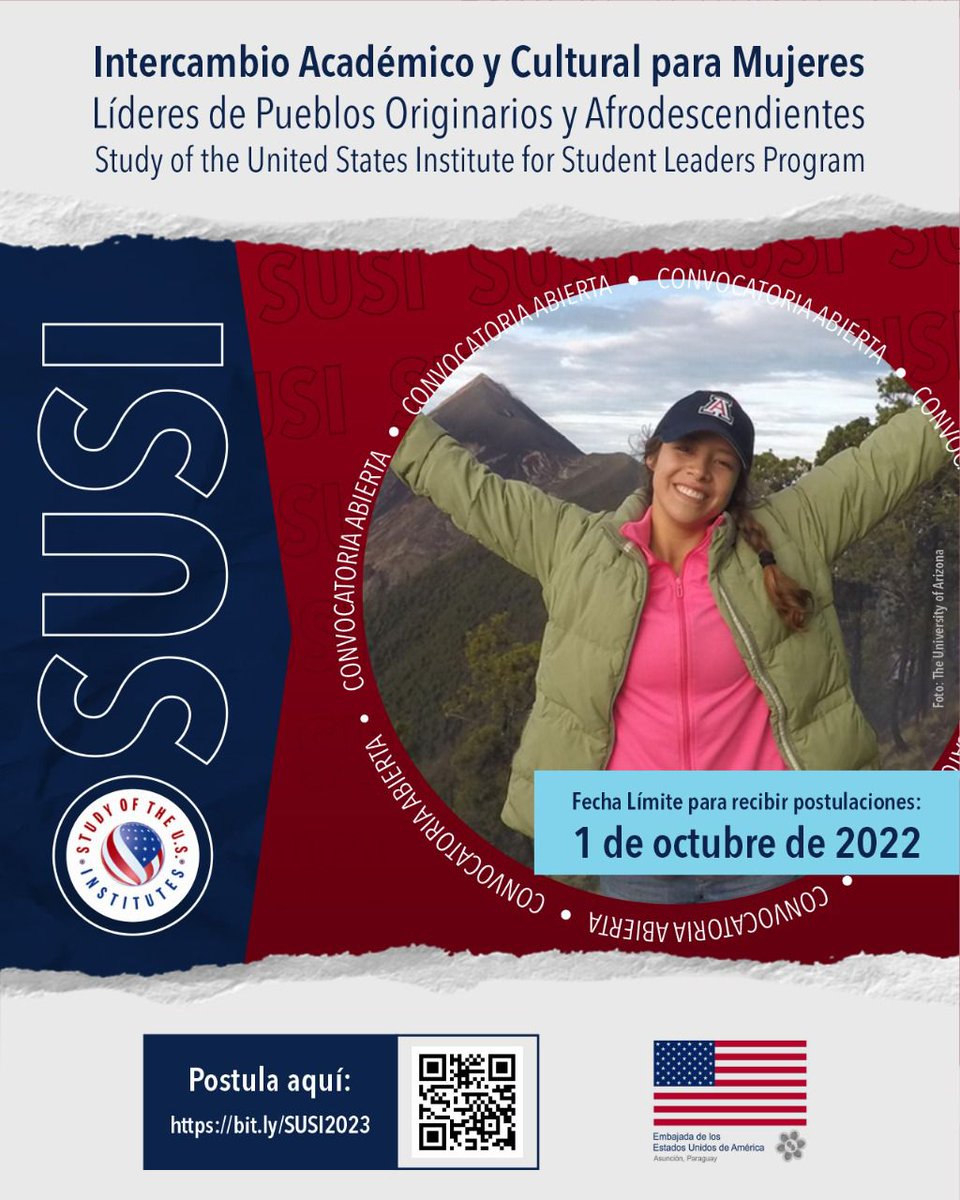 #Beca de intercambio académico y cultural para Mujeres Líderes de Pueblos Originarios y Afrodescendientes (SUSI)

📆Fecha Límite para recibir postulaciones: 1 de octubre de 2022
Postulá aquí: bit.ly/SUSI2023