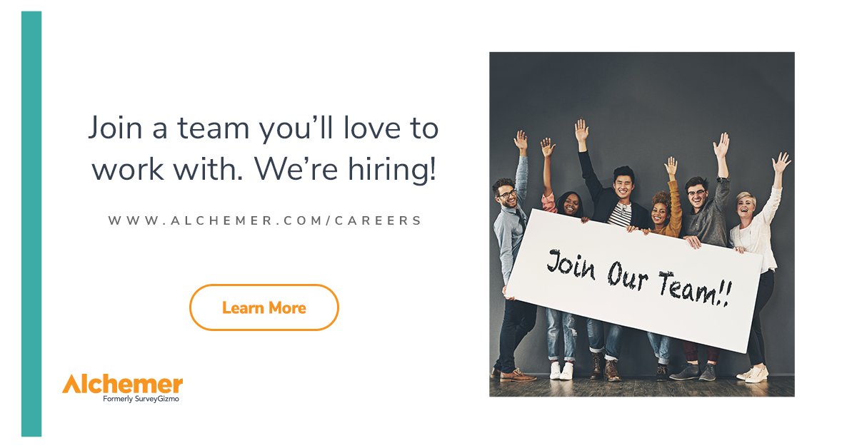AlchemerHQ's tweet photo. Join a team you’ll love to work with! We’re hiring. See what makes us unique and our open positions. https://t.co/OZO4tfbe2M #techjobs #careers #recruiting #TeamAlchemer #hiring #hiringindenver #salesjobs https://t.co/ofuZ4gpInA