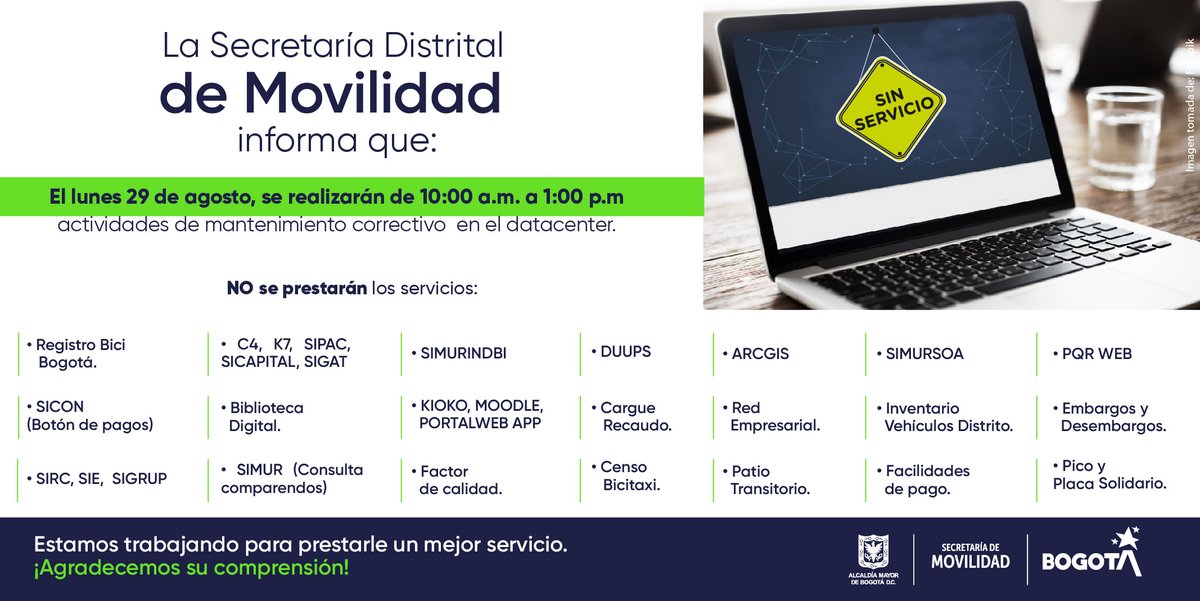 SectorMovilidad's tweet photo. 🚨Informamos que en este momento algunos servicios de nuestra página se encuentra en mantenimiento, sin embargo esperamos que en las próximas horas se retome el funcionamiento con normalidad.
¡Agradecemos la comprensión y ofrecemos disculpas por los inconvenientes generados! https://t.co/T9hC3GW3FE