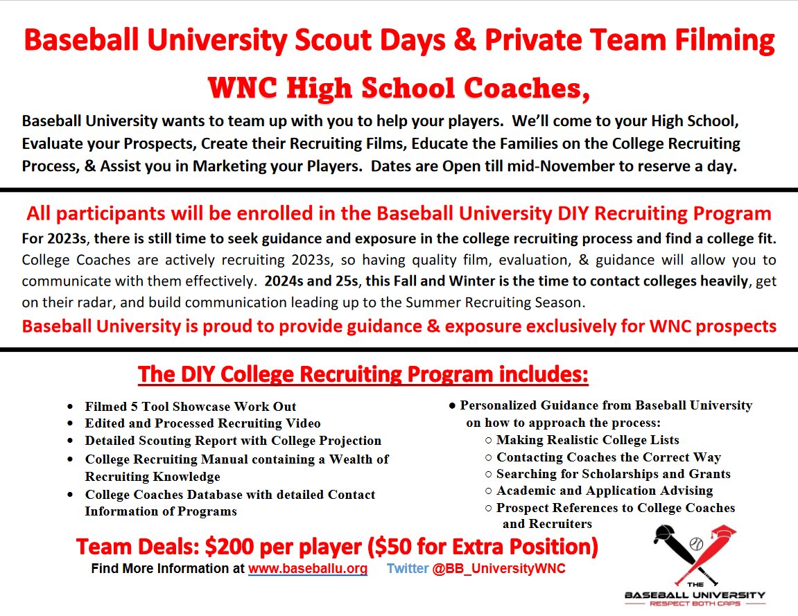 Baseball University of the Blue Ridge (@bbuniversitywnc) on Twitter photo Fall Scout Day & Filming? Saves $ for the Players!
<a href="/ACALionBaseball/">ACA Lions Baseball</a> <a href="/WESTHHSBASEBALL/">West Henderson Baseball</a> <a href="/EHHSBASEBALL/">East Henderson Baseball</a> <a href="/HHSBSBL/">Hendersonville High School Baseball</a> <a href="/BaseballTuscola/">Tuscola Baseball</a> <a href="/NBSportsUpdate/">North Buncombe Sports Updates</a> <a href="/ACR_Baseball/">ACR Rockets Baseball</a> <a href="/BaseballKm/">KM Baseball ⬛️🔶⚾️</a> <a href="/BaseballRSC/">RS Central Baseball</a> <a href="/CT_Base_Ball/">OGX̅</a> <a href="/BrevardHigh/">Brevard High Baseball</a> <a href="/CoachRhino26/">Ryan Smith</a> @RG_Eagles <a href="/BaseballEnka/">Enka Baseball</a> <a href="/Erwin_Baseball/">Erwin Baseball</a> <a href="/ERcavsbaseball/">ER Cavs Baseball</a> Fall Scout Day & Filming? Saves $ for the Players!
<a href="/ACALionBaseball/">ACA Lions Baseball</a> <a href="/WESTHHSBASEBALL/">West Henderson Baseball</a> <a href="/EHHSBASEBALL/">East Henderson Baseball</a> <a href="/HHSBSBL/">Hendersonville High School Baseball</a> <a href="/BaseballTuscola/">Tuscola Baseball</a> <a href="/NBSportsUpdate/">North Buncombe Sports Updates</a> <a href="/ACR_Baseball/">ACR Rockets Baseball</a> <a href="/BaseballKm/">KM Baseball ⬛️🔶⚾️</a> <a href="/BaseballRSC/">RS Central Baseball</a> <a href="/CT_Base_Ball/">OGX̅</a> <a href="/BrevardHigh/">Brevard High Baseball</a> <a href="/CoachRhino26/">Ryan Smith</a> @RG_Eagles <a href="/BaseballEnka/">Enka Baseball</a> <a href="/Erwin_Baseball/">Erwin Baseball</a> <a href="/ERcavsbaseball/">ER Cavs Baseball</a>