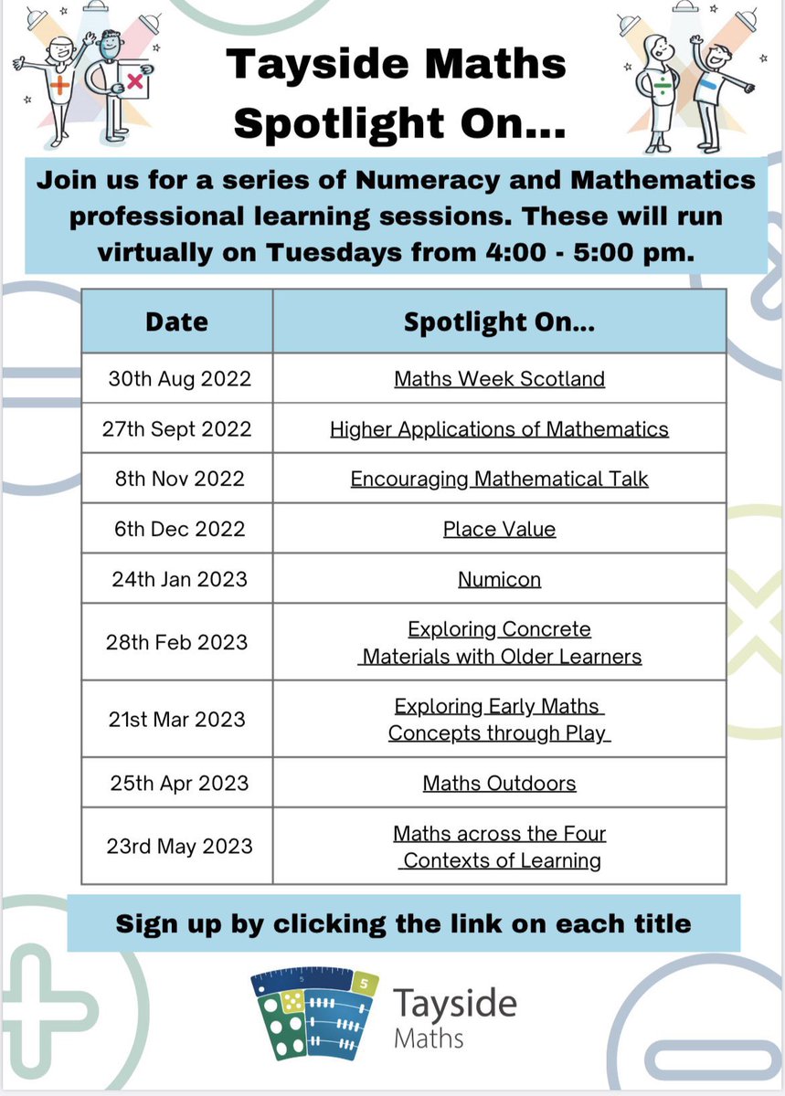 A reminder to all Tayside practitioners that the first Tayside Maths Spotlight On… session is 4pm tomorrow. We will be joined by Katie Oldfield to chat all things @mathsweekscot. So come along and get some ideas for planning #MathsWeekScot Sign up: tinyurl.Com/TayMathsSpotli…