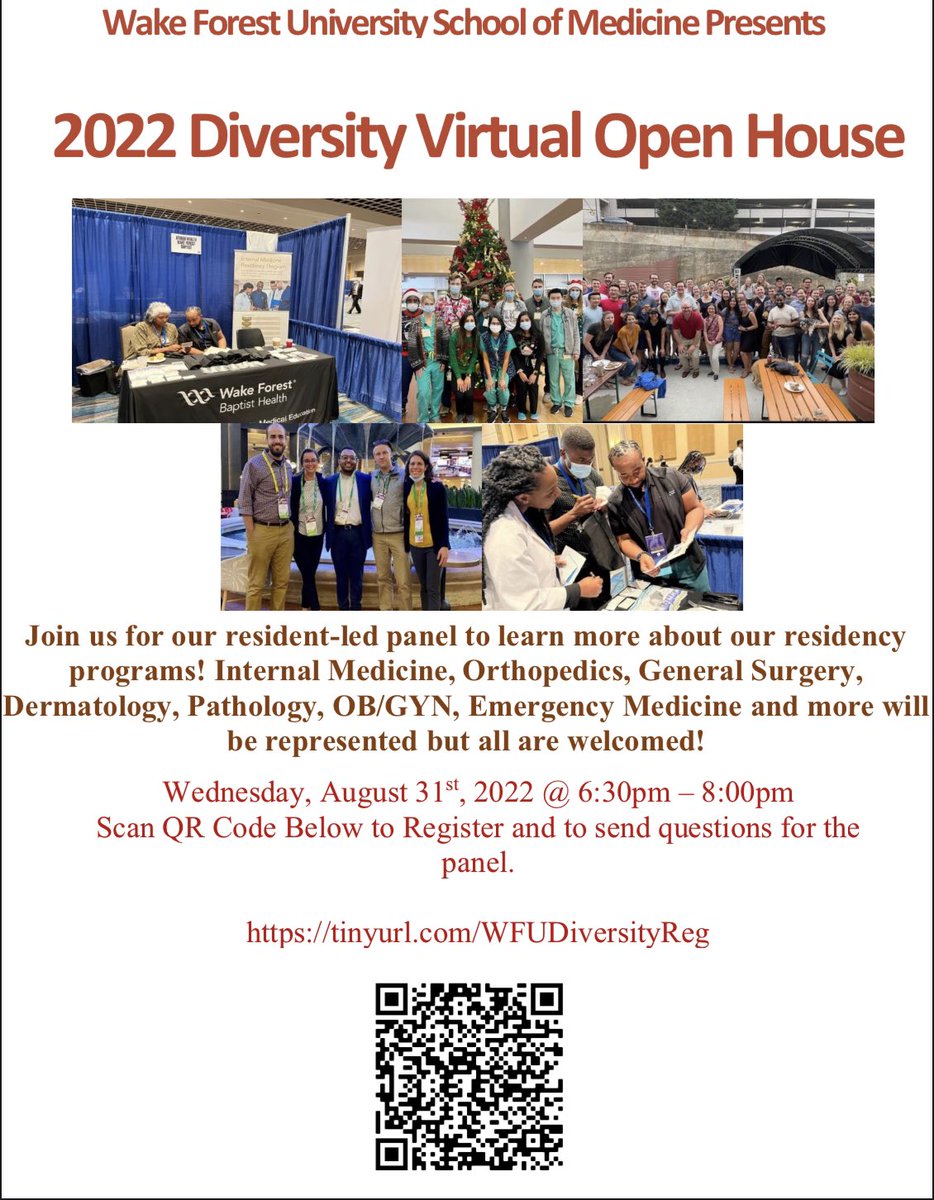 Wake Forest IM Residency (<a href="/WFIMRes/">Wake Forest Internal Medicine Residency</a> ) is proud to host our 2022 Diversity Virtual Open House. Register now at tinyurl.com/WFUDiversity #InternalMedicine #IMProud #DiversityandInclusion