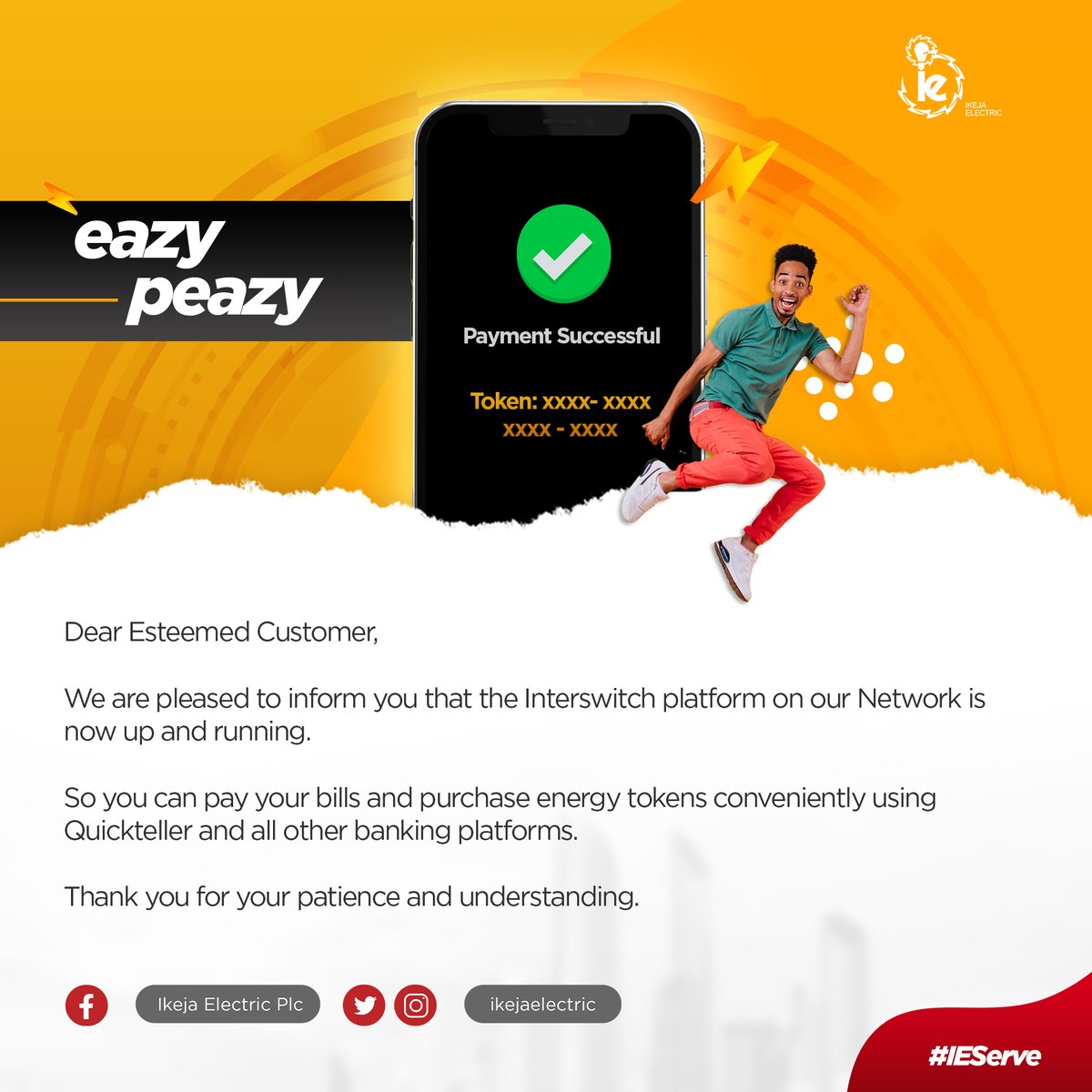 IkejaElectric's tweet photo. Important Notice!!!

Quickteller Payment Platform Is Back!

Thank you for your patience and understanding.

#IEServe
#BillsPayment
#BringingEnergyToLifeResponsibly https://t.co/erhSrjPzQc