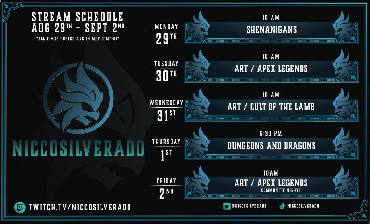NiccoSilverado's tweet photo. This week on the #SLVRNation.
Starting off with shenanigans (Cause i can)
The New Stream Schedule takes effect and my shadow demon Greg is still a butt!!
#Vtuber #TwitchSchedule https://t.co/nUUvOp0N5O