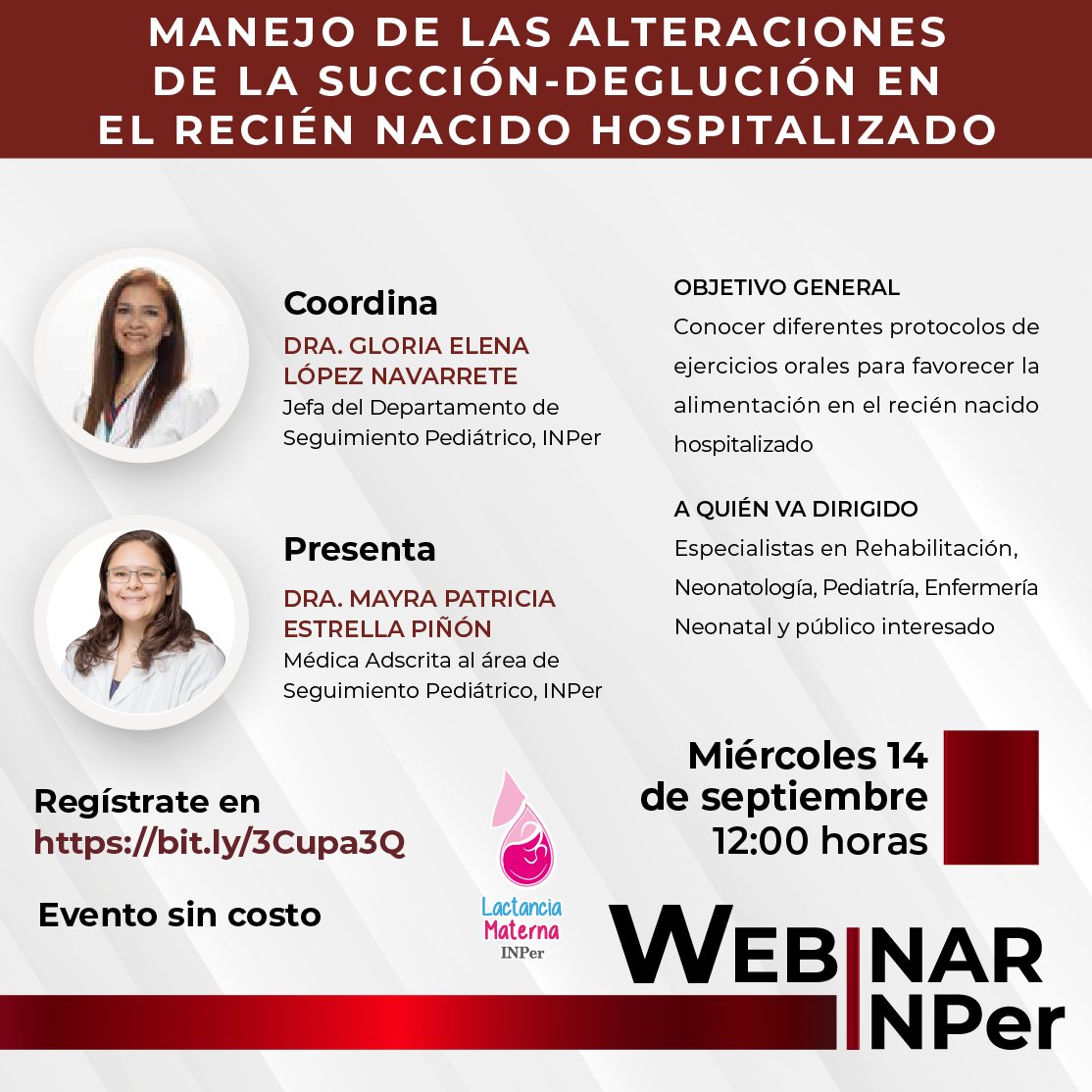 INPer_mx's tweet photo. #WebinarINPer
MANEJO DE LAS ALTERACIONES DE LA SUCCIÓN-DEGLUCIÓN EN EL RECIÉN NACIDO HOSPITALIZADO
https://t.co/qTYaxsZEjn

OBJETIVO GENERAL
Conocer diferentes protocolos de ejercicios orales para favorecer la alimentación en el recién nacido hospitalizado

1/2 https://t.co/8DnzdC6lHT