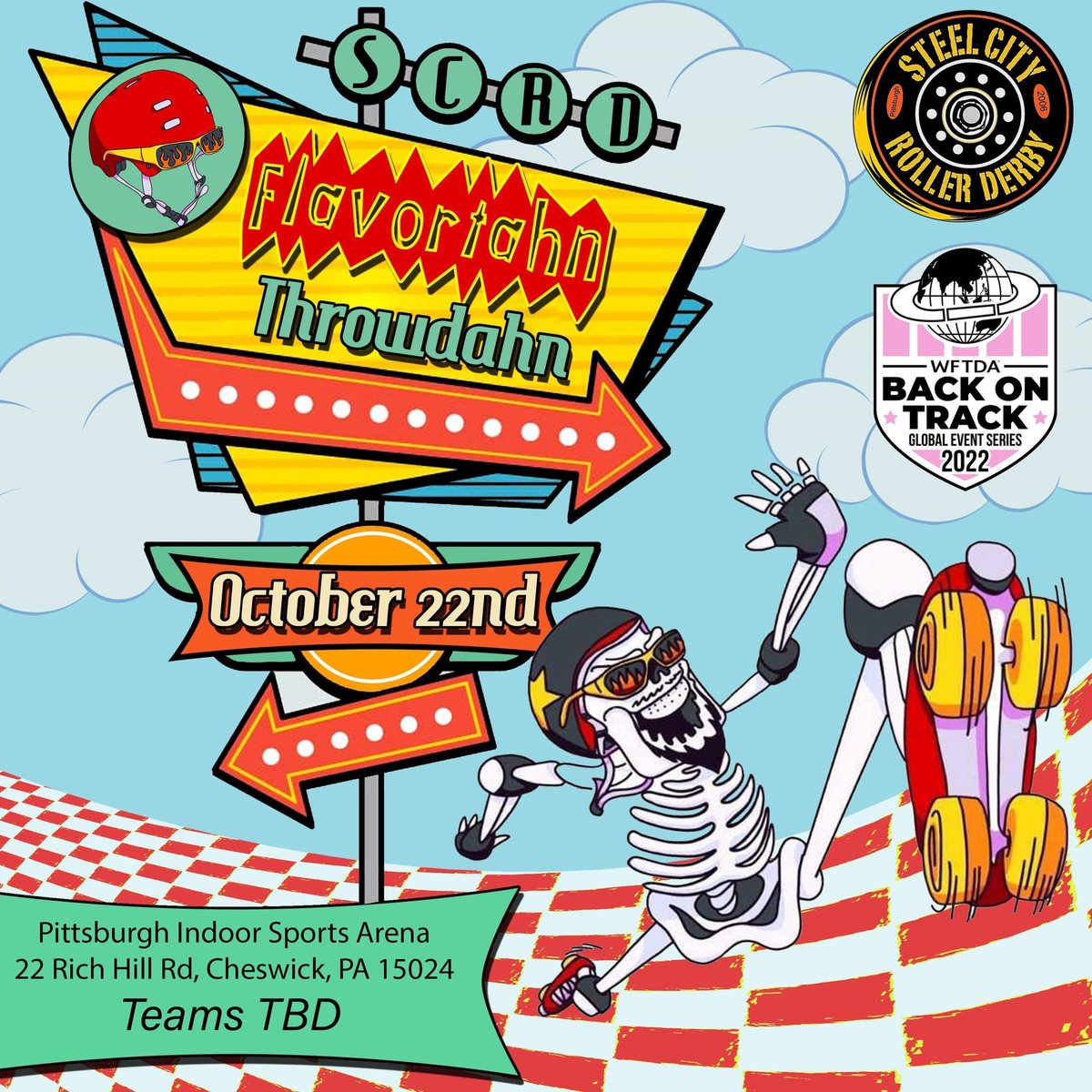 October 22nd, come on “aht” to the Flavortahn Throwdahn! A round robin mini tourney of Diners vs Drive Ins vs Dives, yinz are gonna be in for lots of tasty derby action 🔥🔥

Part of <a href="/WFTDA/">WFTDA</a>’s Back On Track Series🖤💛

#DerbyTwitter