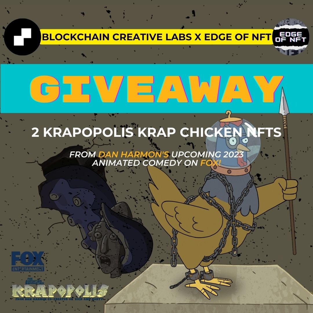 TheEdgeofShow's tweet photo. BIG #GIVEAWAY ALERT! 🚨🚨

@WeAreBCL is giving away 2 @Krapopolis Krap Chickens!

BCL is utilizing #NFTs in TV with their collaboration on #DanHarmon's(co-creator of #RickandMorty) upcoming comedy show &amp; #NFT collection, #Krapopolis
(@FOXTV).

Enter 🎁: https://t.co/GANeVFtKCa https://t.co/HRtQCCUQyr