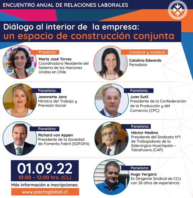 ONUChile's tweet photo. Este jueves 1 de septiembre se llevará a cabo el Encuentro Anual de Relaciones Laborales:  
"Diálogo al interior de la empresa: un espacio de construcción conjunta"
Organizado por @PactoGlobal  encuentra más info e inscripciones  aquí ➡️ https://t.co/6QRetba7pY https://t.co/92UNuHiU7p