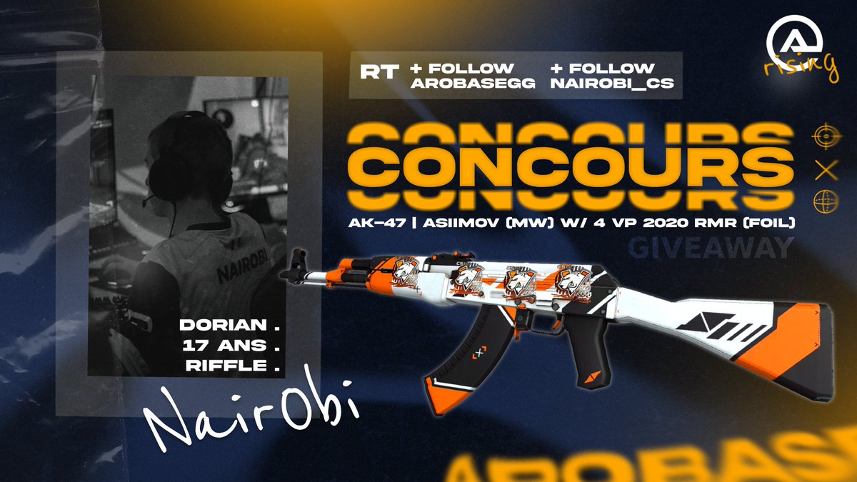 Aujourd'hui, <a href="/NairObi_CS/">NairObi</a> fête ses 17 ans 🎂
On vous fait gagner une AK Asiimov MW (~ 50 €) !

Pour participer et soutenir le CS🇫🇷 :
1⃣ 🔁 RT ce tweet
2⃣ 💙 Suivre <a href="/ArobaseGG/">Arobase 🌐</a>
3⃣ 💙 Suivre <a href="/NairObi_CS/">NairObi</a>

Tirage au sort vendredi 2 septembre à 18h 🔚