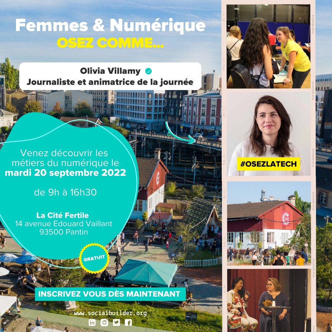 SocialBuilder's tweet photo. Rejoignez la nouvelle édition du forum #FemmesEtNumérique : #OsezLaTech!
Ne ratez pas cette journée en compagnie de la journaliste et animatrice de la journée @OliviaVillamy.
📅 Mardi 20 Septembre
📍 @LaCiteFertile
Pour s'inscrire 👉 https://t.co/80MkzE9vK3
#WomenInTechPower https://t.co/ns4egMK6Op