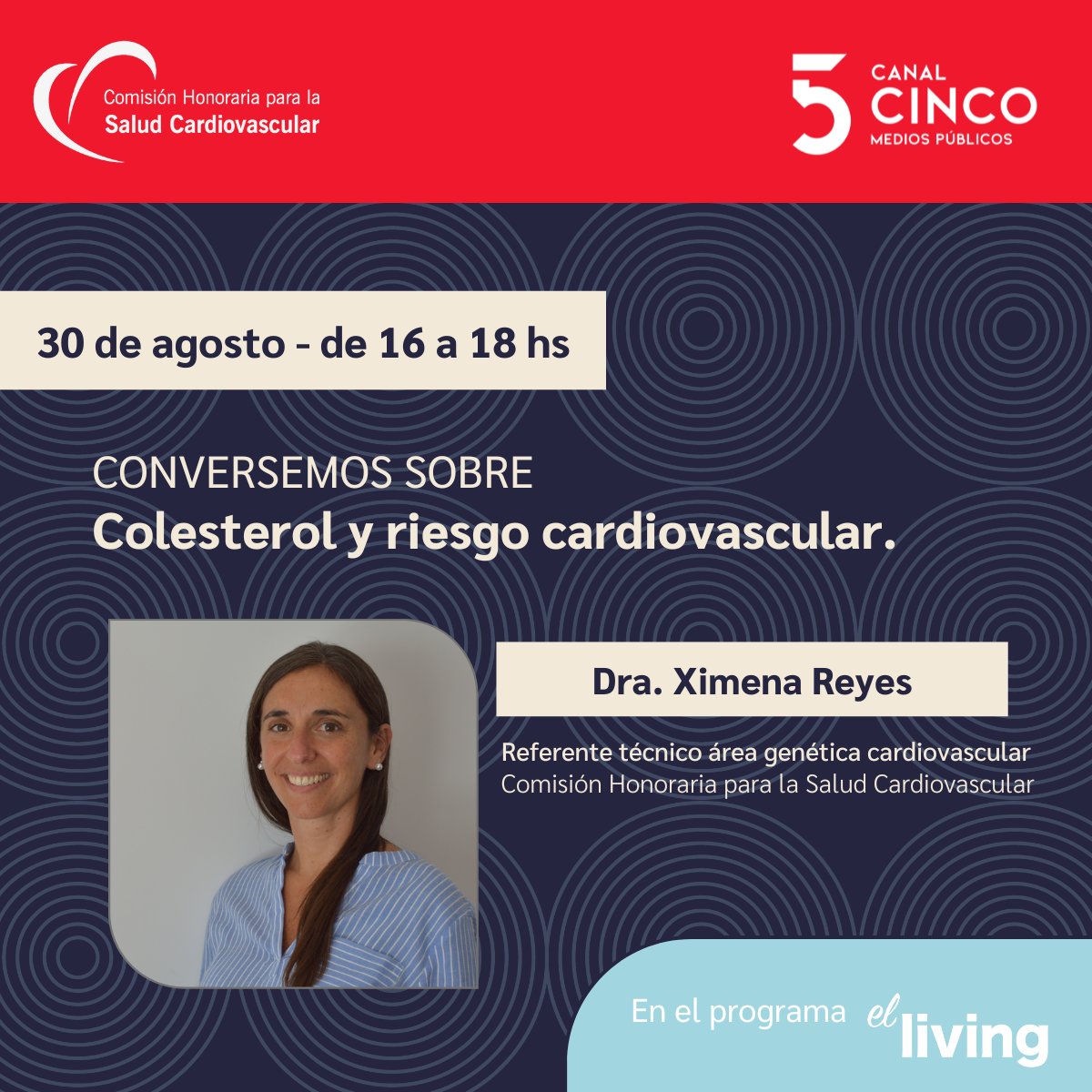cardiosaluduy's tweet photo. Hoy volvemos a #ElLiving con la Dra. Ximena Reyes para conversar sobre

➡️Colesterol y Riesgo Cardiovascular.⬅️

¡Los esperamos! ❤

@canal5uruguay 
@ximereyes05 

@MSPUruguay  
@SUC_cardiologia  
@FEMIcomunica 
@smuruguay 
@Procardias https://t.co/bd3W2v1Sv5
