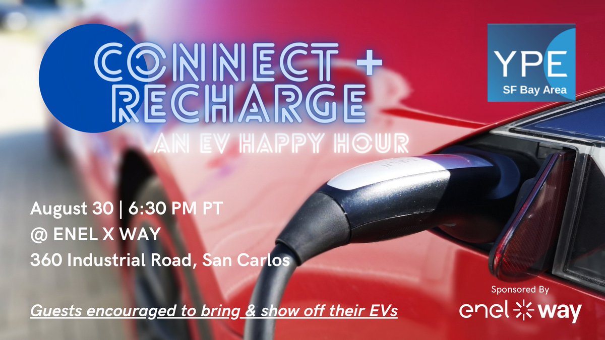 Join us tomorrow for "Connect + Recharge," our summer EV Happy Hour at Enel X Way in San Carlos, where different electric vehicles and chargers will be on display. Guests are encouraged to bring and show off their EVs!

Please RSVP here:  ow.ly/v6O850KpIFX