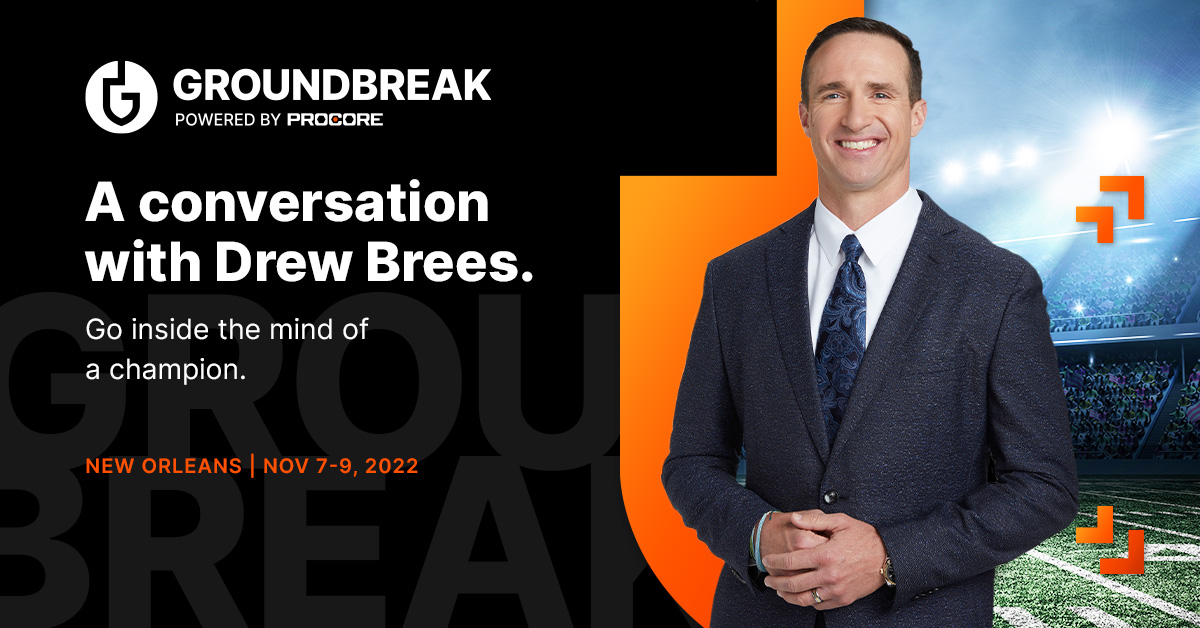 procoretech's tweet photo. Come to this year's Groundbreak and attend a fireside chat with champion quarterback Drew Brees. Hear how his experience and achievements in professional sports shows us that success is driven by teamwork, on and off the field. https://t.co/p0JXnpKA3c Be a #Groundbreaker https://t.co/qWaC9yxOrS