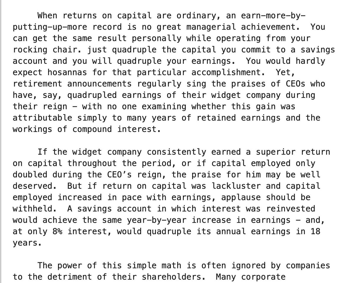 ValueNiveshak's tweet photo. Warren Buffett, in his 1985 annual letter to shareowners, describes the typical playbook of #RelianceIndustries type managements. He writes, "When returns on capital are ordinary, an earn-more-by-putting-up-more record is no great managerial achievement."😆 https://t.co/grFurOhMNK