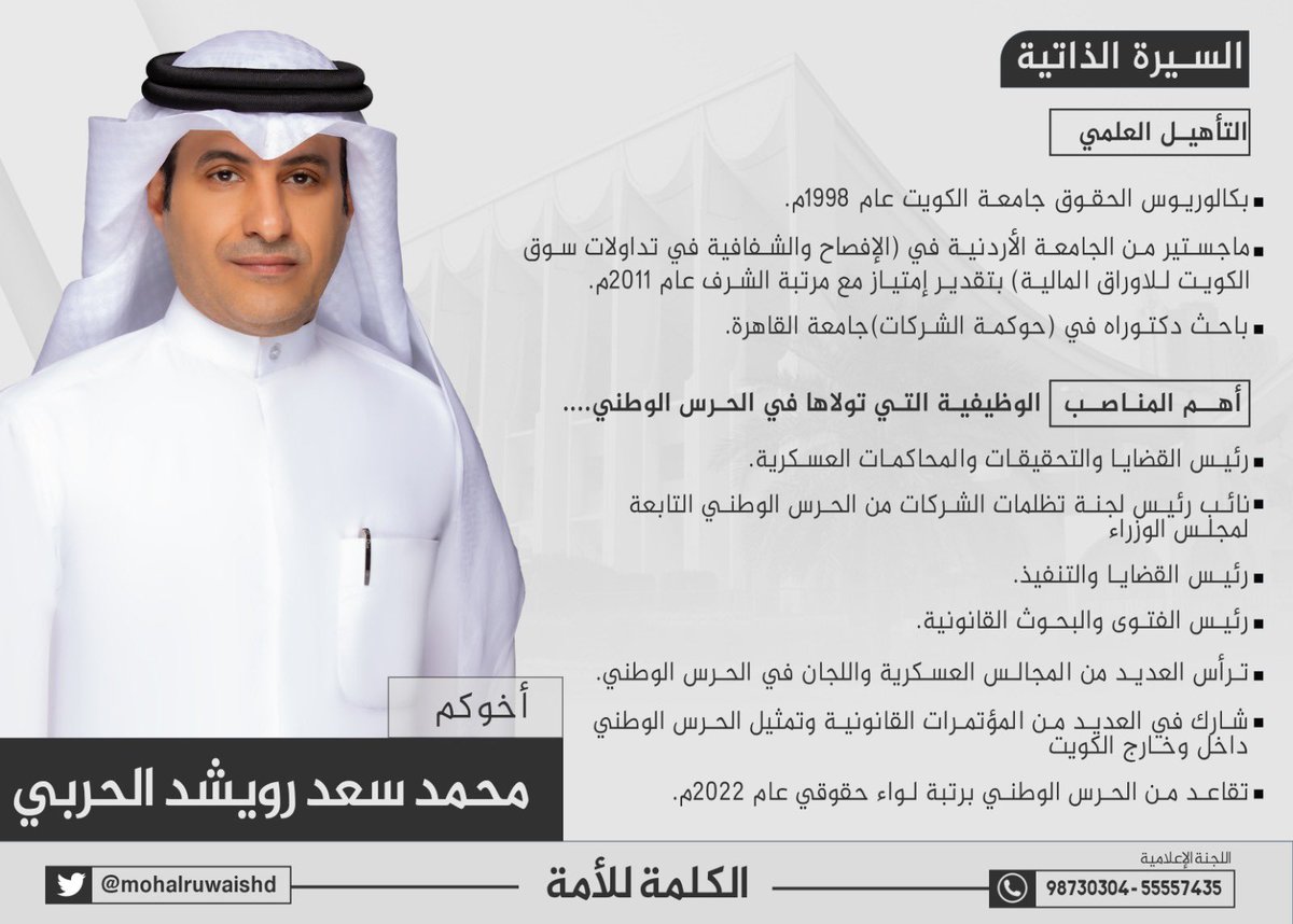 albaydanews's tweet photo. اللواء حقوقي
#محمد_سعد_الحربي
@mohalruwaishd 
تقدم بأوراق ترشحه عن #الدائرة_الرابعة 
#انتخابات_مجلس_الامة_22 
#امة_2022 
#أمة2022 
#الكويت
#البيداء https://t.co/nfB9BLQ3Pz