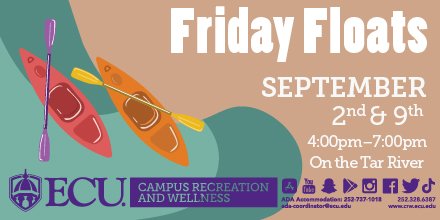 Come float along with us on the Tar River for Friday Floats!😆🛶

September 2nd and 9th from 4-7pm⏰

Click the link below to register!⬇️

ow.ly/nHEe50Kt9f8