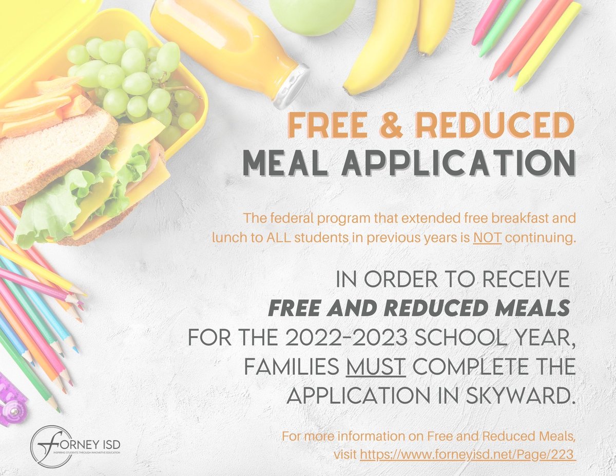 forneyisd's tweet photo. The Free and Reduced Meal Application is available for families to complete in Skyward.  In order to receive free or reduced meals, families must complete the application by September 22, 2022.
 
Click here to apply: https://t.co/LlBOtIFwXB https://t.co/96yObQzmin