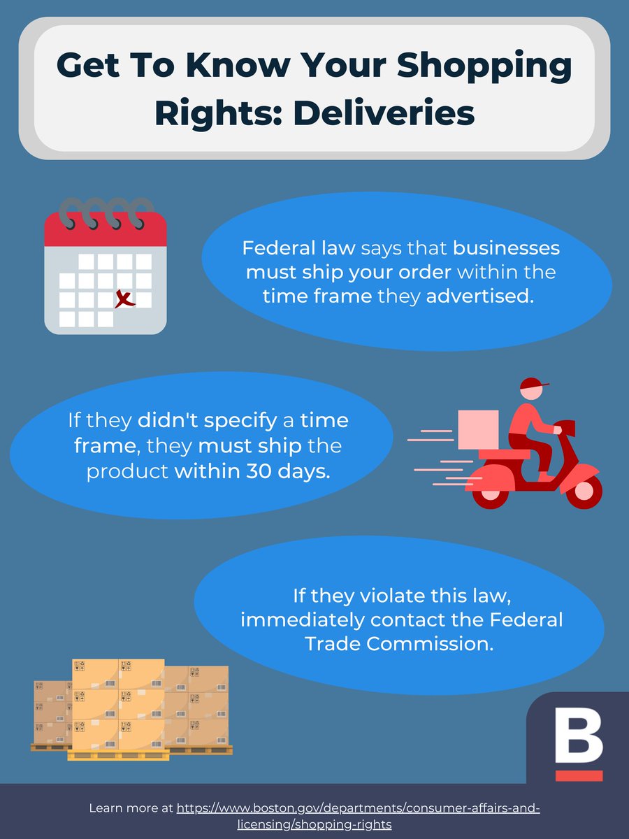ConsumerBoston's tweet photo. With more and more people using online shopping, it's important to know your rights. Here are some rules protecting consumers when they get a delivery! #Deliveries #ShoppingRights #CityofBoston #ConsumerProtection #MOCAL https://t.co/UqkZEkZCb9