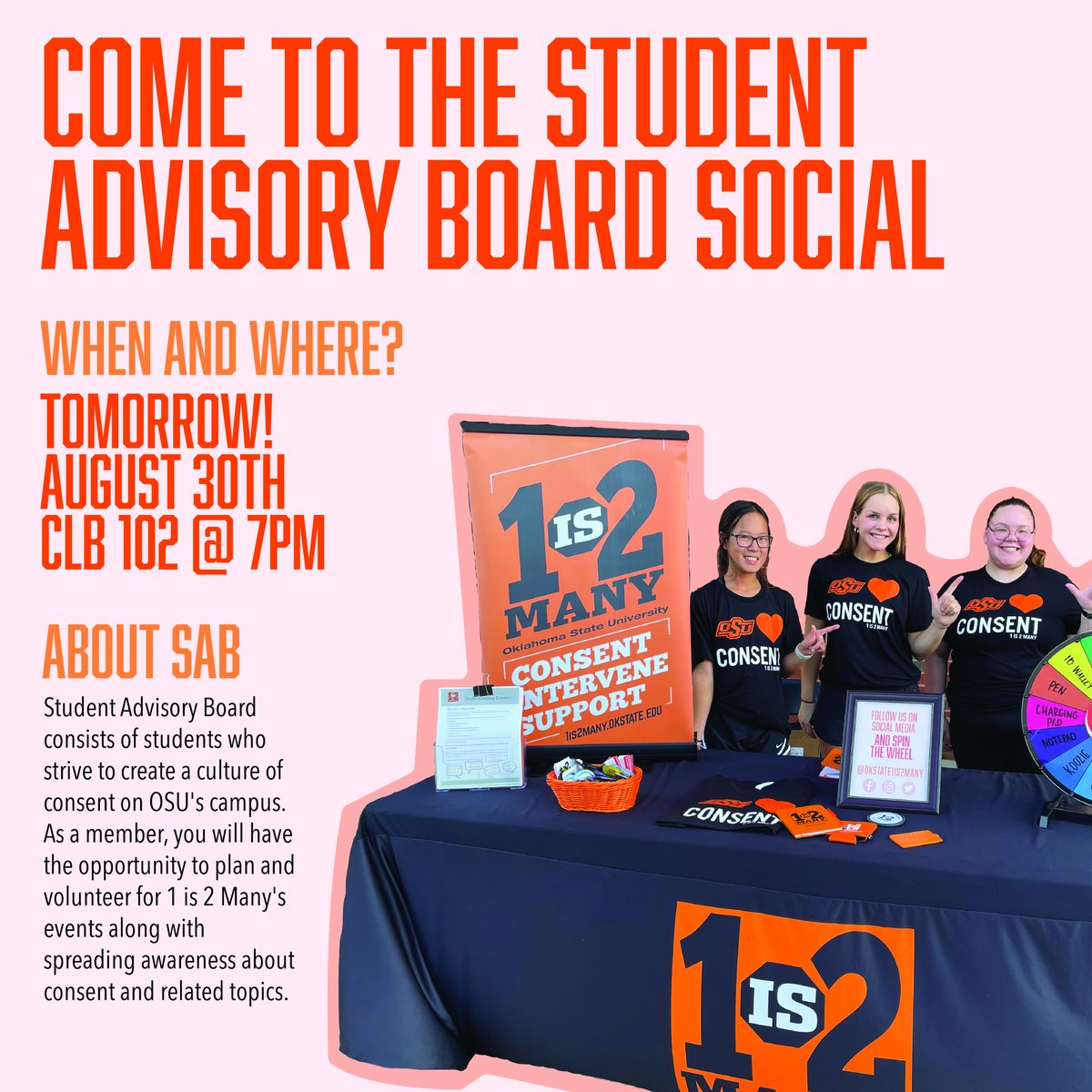 Come join us at the Student Advisory Board social tomorrow! The meeting will start at 7 PM @ Classroom Building 102. Anyone is welcome! We can't wait to see you 🧡
