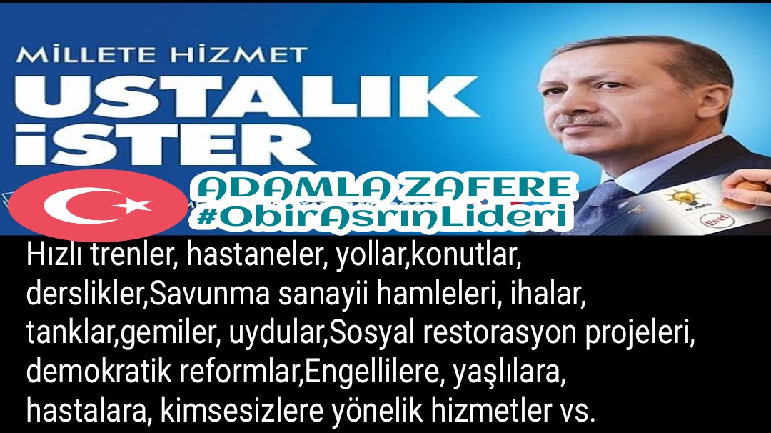 Millete hizmet, Ustalık ister! Gözleri var görmez, kulakları var duymazlara.Erdoğan Ülkeyi batırdı diyenlere;Bunların maketini yapamazsınız!
👇
ADAMLA ZAFERE
#ObirAsrınLideri