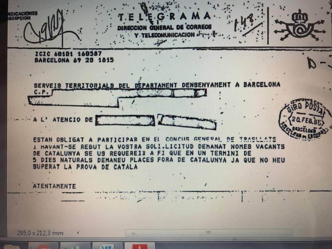 LatineEtGraece's tweet photo. Telegrama que recibieron 12.000 maestros castellanohabñantes en Cataluña en 1985 dándoles un plazo de 5 días para pedir destino  "fuera de Cataluña". El PSOE, en el gobierno, conociendo perfectamente la situación no movió un dedo para evitarlo. https://t.co/f8x1hd2oIY
