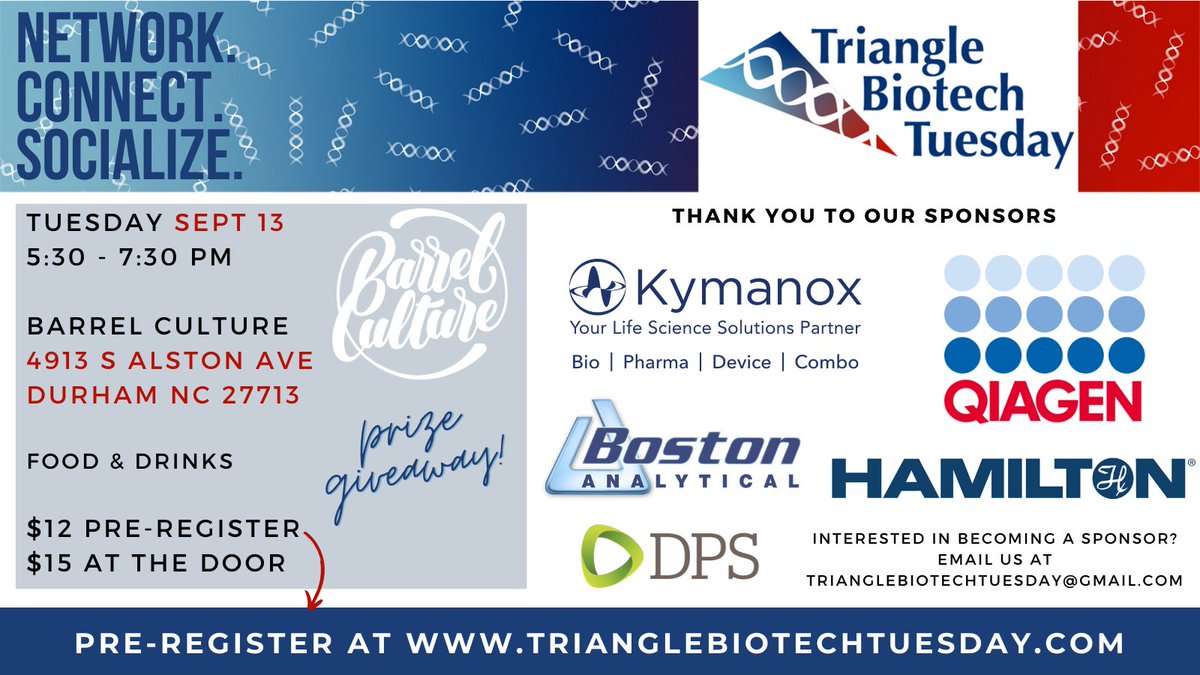TriBiotechTues's tweet photo. Our Sept event is Tue Sept 13th at Barrel Culture Brewing and Blending in Durham, from 5:30 - 7:30pm. Join us for networking with peers and our sponsors, food, drinks, and a PRIZE GIVEAWAY!

HT to our sponsors @Kymanox, @QIAGEN, @BostAnalytical, @HamiltonRobotic, @DPSGroupGlobal https://t.co/d38yjSYU5R