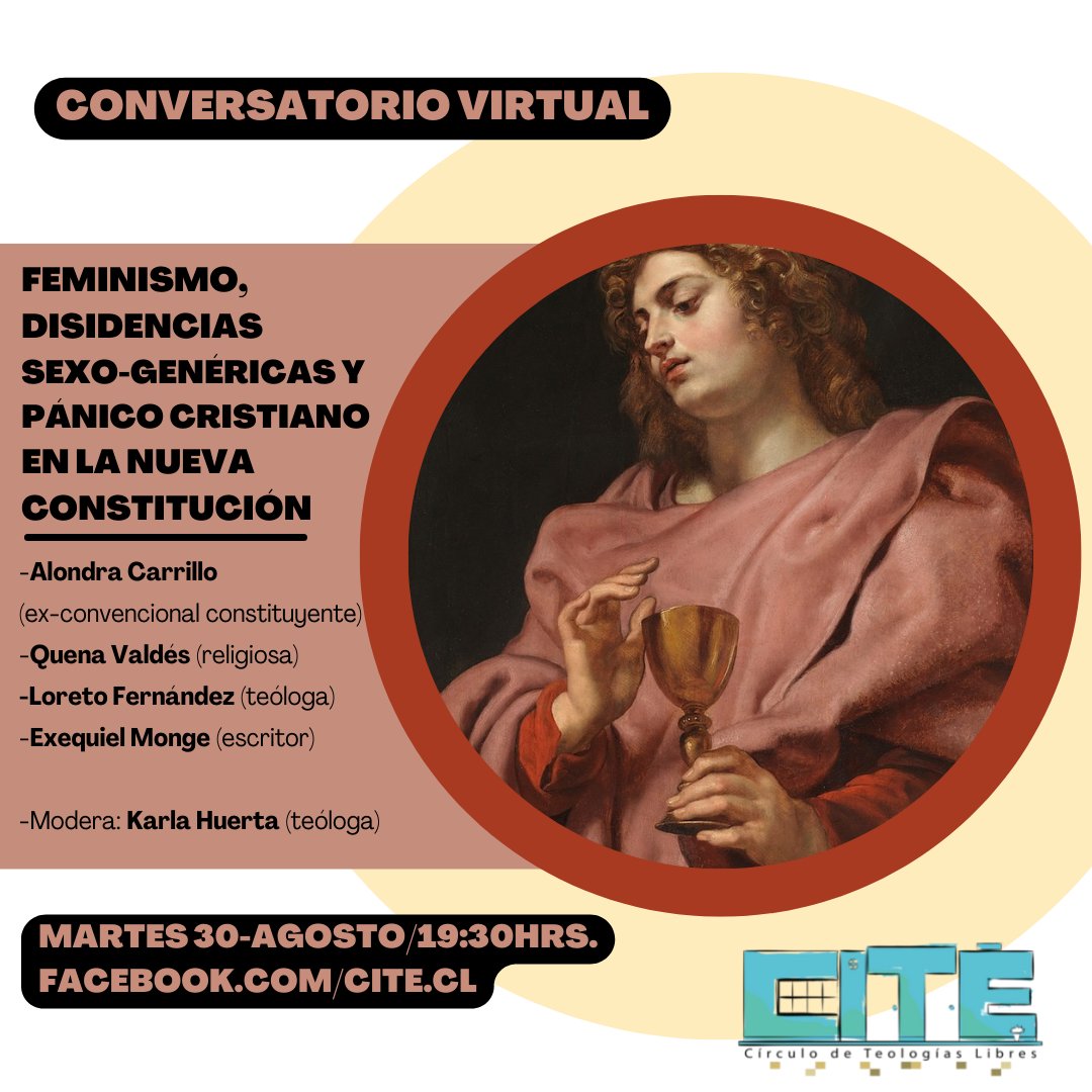 Cite_cl's tweet photo. Mañana martes 30 a las 19:30
Invitación: conversatorio sobre Feminismo, disidencias sexo-genéricas y cristianismo en la NC. Estará con nosotros @AlondraCVidal
. Quena Valdés, Loreto Fernández y Exequiel Monge. Organiza @Cite_cl modera @lamagdatullida 
https://t.co/VPn7gMiPEm https://t.co/bUrK1KUBkx