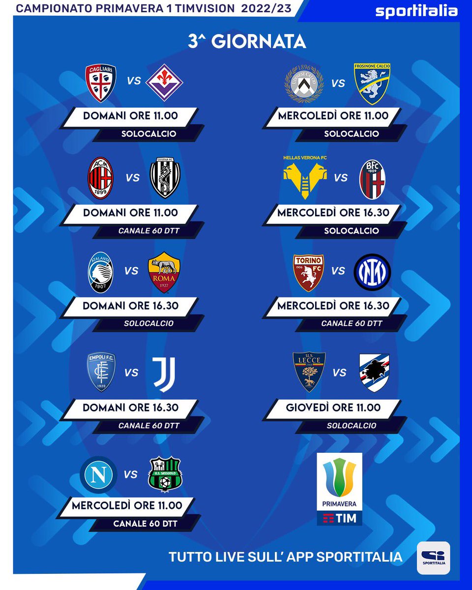 tvdellosport's tweet photo. AL VIA LA 3^ GIORNATA DI PRIMAVERAโฝ๏ธ
Ecco il menรน del turno infrasettimanale di #Primavera1 ๐
Tutti gli appuntamenti in diretta su #Sportitalia e #Solocalcio โ๐ผ
Live in streaming anche sulla nostra app ๐ฒ
#Sportitalia https://t.co/A69sWUBuzh