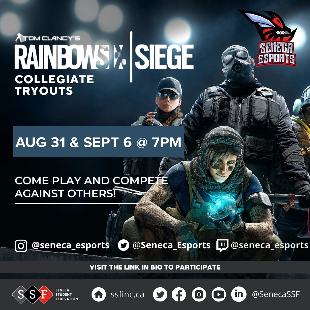 Get your squad together for an epic game! 🎮 Sign up for our RAINBOW SIX SIEGE Collegiate Tryouts happening on Aug 31 &amp; Sept 6 🗓 starting at 7 PM.

Link to Register: forms.office.com/r/YXfpd19Mry