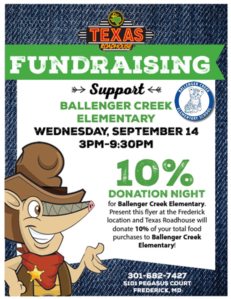 pta_bces's tweet photo. The BCES PTA would like to invite you to our first restaurant night of the year! On Wednesday, September 14th, from 3pm to 9:30pm, at the Texas Roadhouse at 5101 Pegasus Ct. 10% of the proceeds will go to the PTA for anyone presenting the attached flyer! https://t.co/QNlm7pqJl1