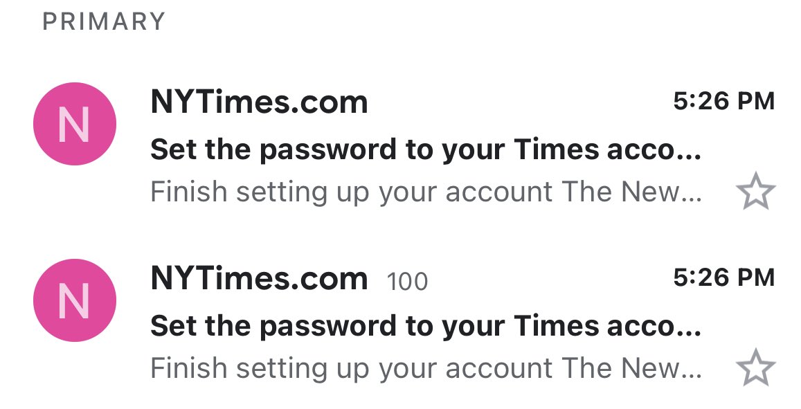 AlyManeval's tweet photo. So ⁦@nytimes⁩ has just been emailing me 101 times in the past half hour or so, telling me to finish setting up my account. I didn’t start, but thanks for thinking of me so frequently I guess. https://t.co/re6xHmP63t