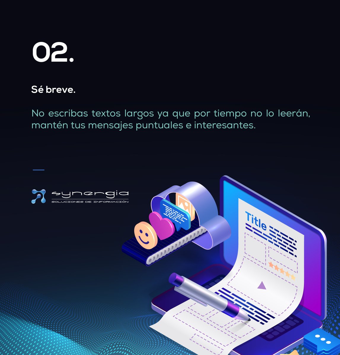 SynergiaSDI's tweet photo. Dirígete de mejor manera a tus clientes siendo breve en tus textos y así brindándoles la mejor experiencia 👨🏻‍💻🛒
.
#Synergia #SolucionesDeInformacion  #Emprendimiento #Ventas #Guatemala https://t.co/OaDg7HACeb