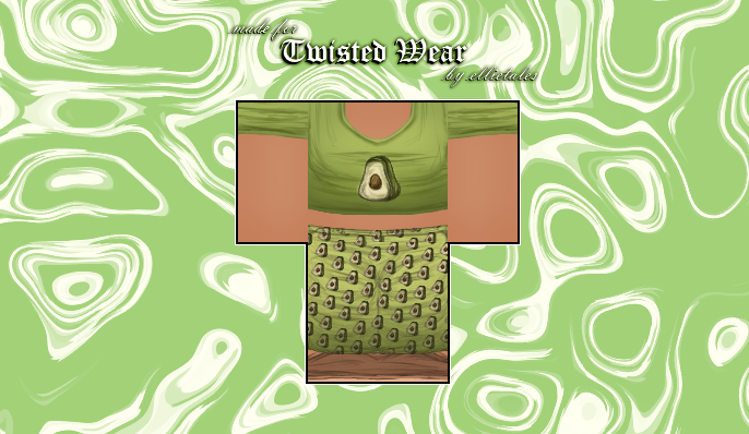 ellietaIes's tweet photo. 🥑 new fit for @TwistedWear 🥑 go eat this up... 
get it?🤭

🔗:
https://t.co/eEbdfHU4qc
https://t.co/xr61fD3y7z

#robloxdesigner #clothingdesigner #rblx #robloxart #roblox https://t.co/5GaRnxh6vc