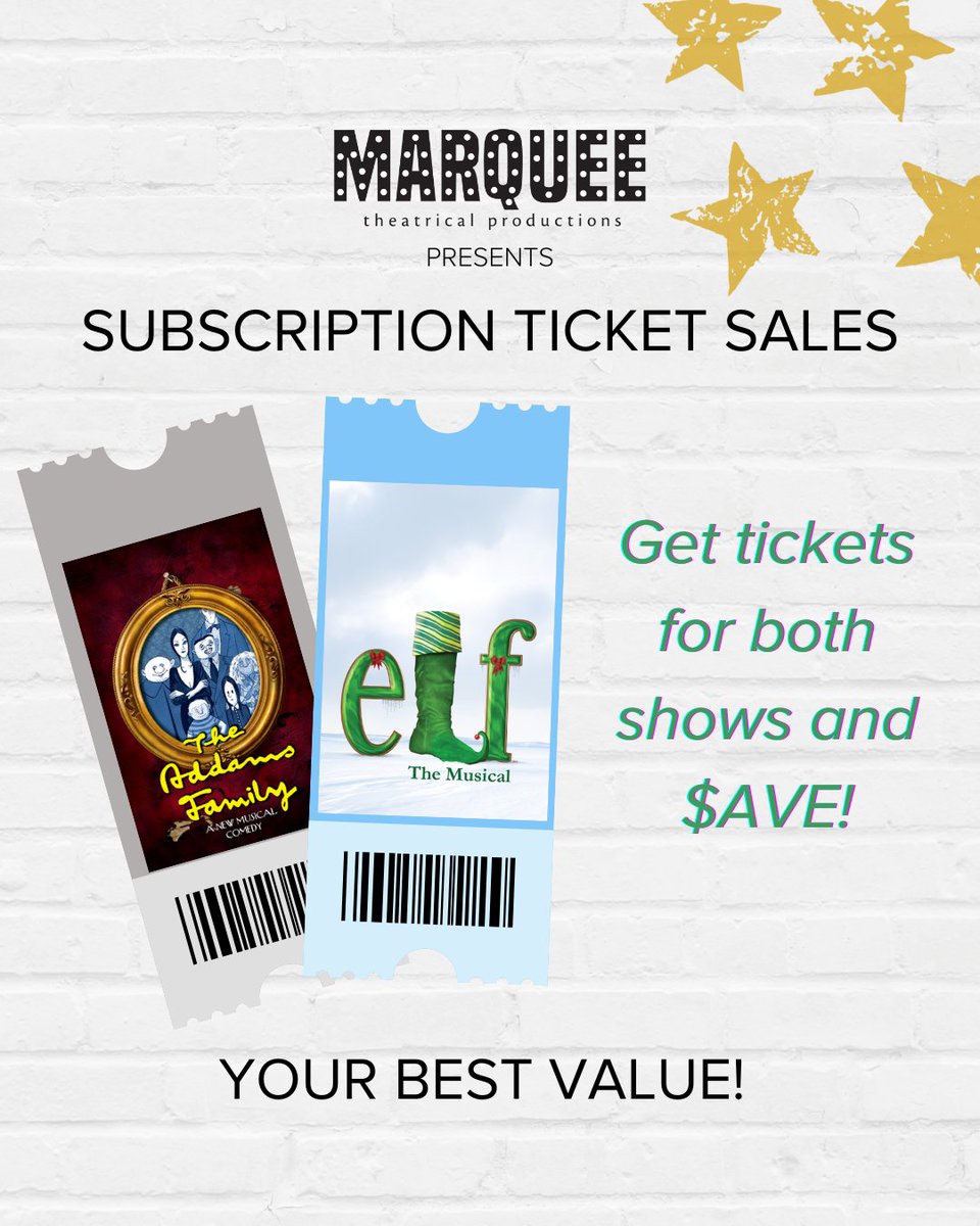 MarqueeTP's tweet photo. Tickets are on sale now for our Adult productions: Elf the Musical and The Addams Family!

Save with our subscription tickets and guarantee your seats today!
https://t.co/OoFBobO2oi

#Marqueetp #tickets #elfthemusical #addamsfamilythemusical #musicaltheatre #yorkregion #aurora https://t.co/l3NL3KccMW