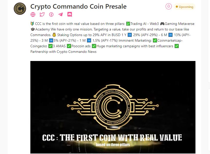 CoinCommando's tweet photo. Presale Crypto Commando Coin (CCC) Upcoming!
Pinksale: https://t.co/qdFVGCKGRV
Airdrop: https://t.co/So5HMjaFzn
Telegram: https://t.co/sSmU71HkT4

#Airdrop #Presale #Pinksale #Upcoming #BSC #BSCGemsAlert #Bscgem #BSCGems #BSCGemsx100 #Trade #TradeAlert #Metaverse #NFTs https://t.co/XybIrwWy34