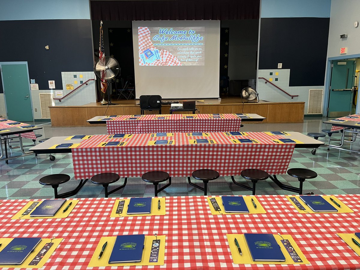 themcauliffe570's tweet photo. Great first day of Professional Development for McAuliffe School staff. We held a book tasting to create book study groups for the year! #McAuliffeRocks https://t.co/0i3DMugSgv