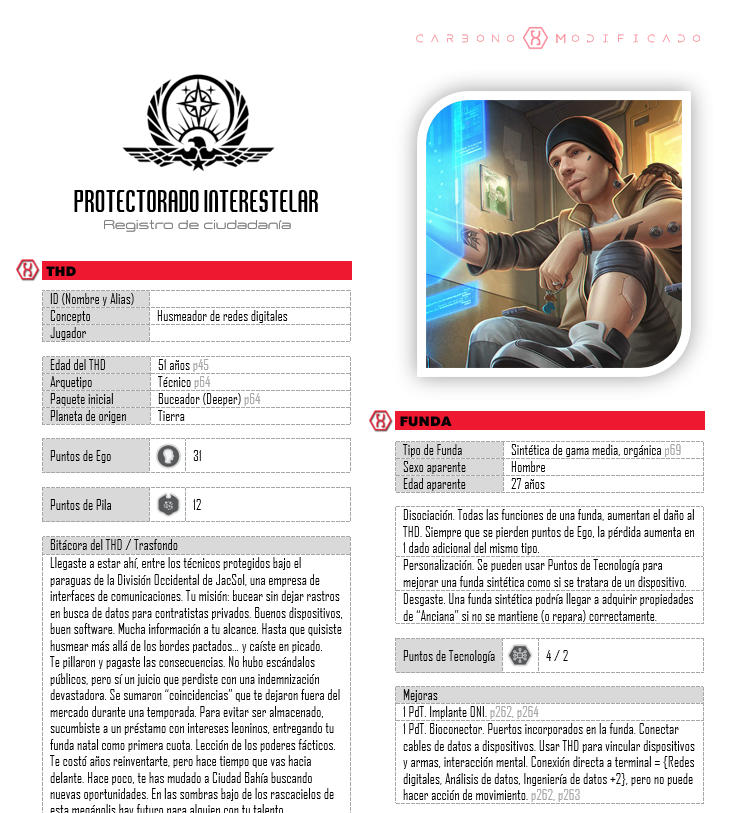 narrarrol's tweet photo. Armado el primer personaje para #AlteredCarbonRPG de @Hunters_Ent y traducido al castellano por @DevirIberia. Husmeador y buceador (dipper) de datos. Ha costado comprender el sistema, pero ya en marcha. Montando aventura ambientada 2 años antes de que reenfunden a Takeshi Kovacs. https://t.co/AiQkPDUdwf