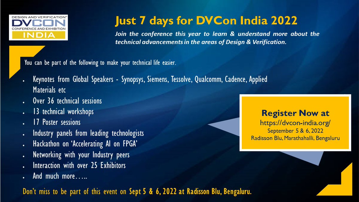 DVCon India 2022 begins September 5 at the Radisson Blu, Bengaluru! For more info and to register: dvcon-india.org #DVConIndia2022 #IEEEIndia #Accellera