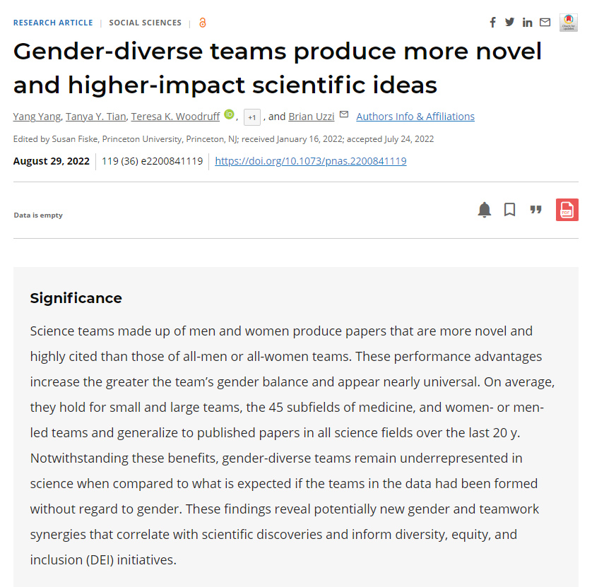 UzziLeadership's tweet image. Science teams made up of men and women produce papers that are more novel and highly cited than those of all-men or all-women teams. Read our findings @PNASNews w/ Yang Yang, Tanya Tian, Teresa Woodruff and @bfjo. @KelloggSchool @NICOatNU pnas.org/doi/10.1073/pn…