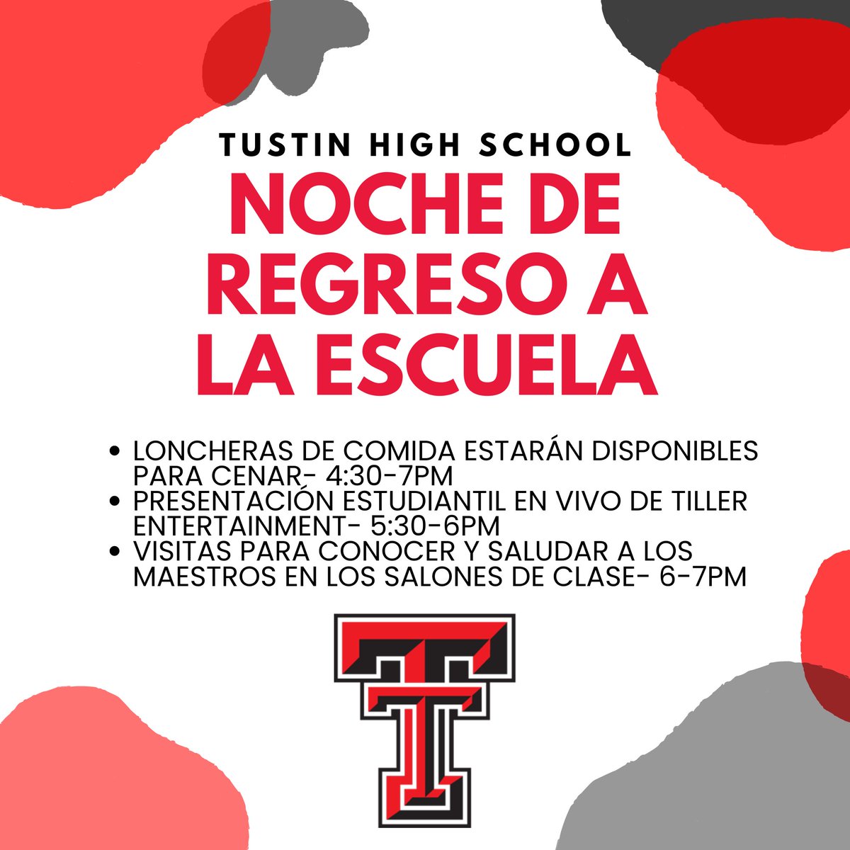 TustinHS's tweet photo. Tillers, back to school night is tomorrow! Food trucks on campus starting @ 4:30. Live entertainment @ 5:30. Visits with teachers and counselors at 6pm! See you tomorrow. https://t.co/3BKTjByPuG