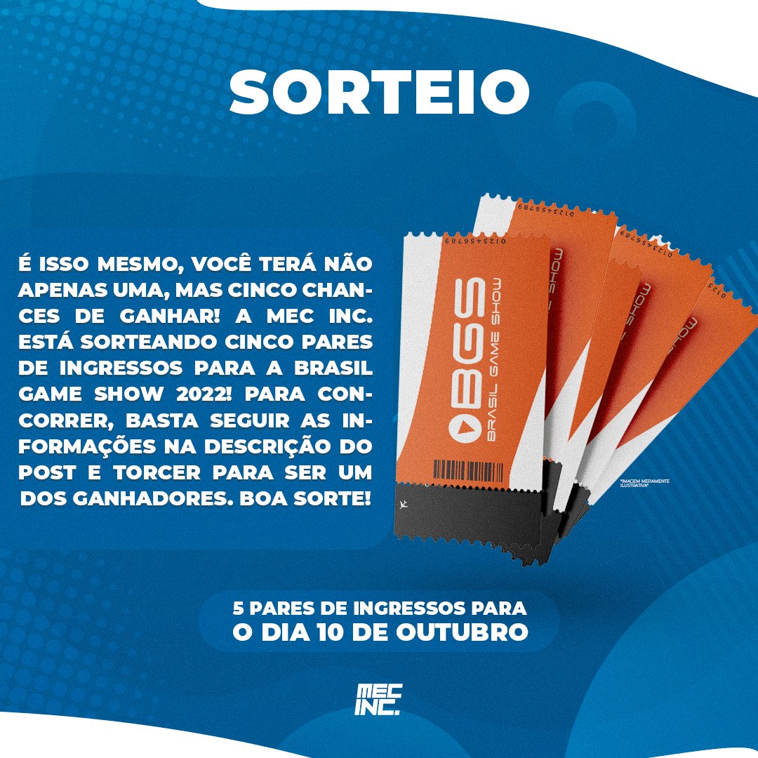 mecinc's tweet photo. 🎟️ SORTEIO: A Mec Inc. está sorteando CINCO pares de ingressos para a #BGS22! Para concorrer, basta:

✅ Seguir @mecinc no Twitter e no Instagram
✅ Dar Like e RT nesse post
✅ Marcar 2 amigos nos comentários
✅ Preencher as entradas obrigatórias no link dos comentários: https://t.co/aLZJnDMUgL