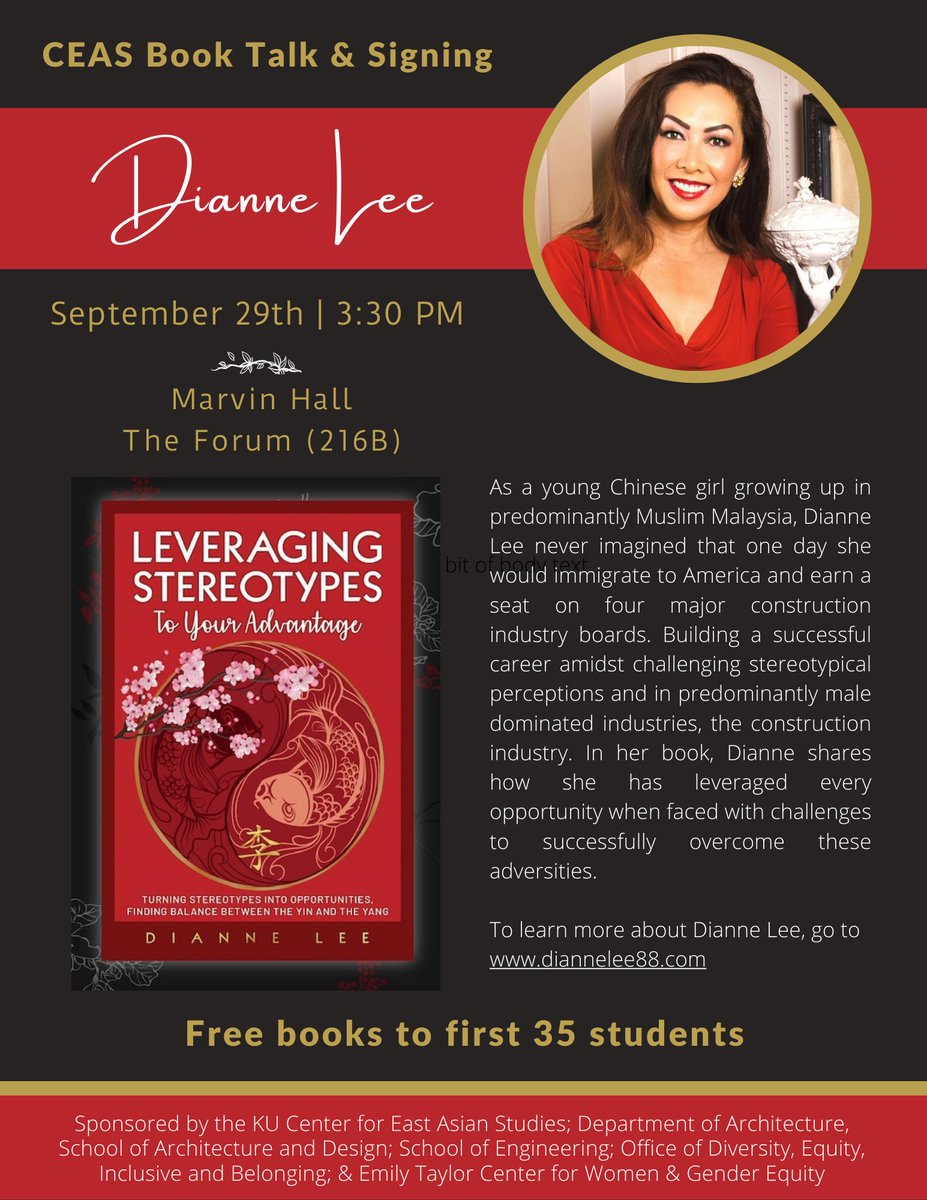 KUEastAsia's tweet photo. Don't miss Dianne Lee's (@KitchellCos) Book Talk on Thursday, September 29th @ 3:30 PM in The Forum (Marvin Hall 216b)!
The first 35 students will receiving free books, and the author will sign them after the talk.
#kuengineering #arcd_ku #kuetcwge #kudiversity https://t.co/N20bSXw8tQ