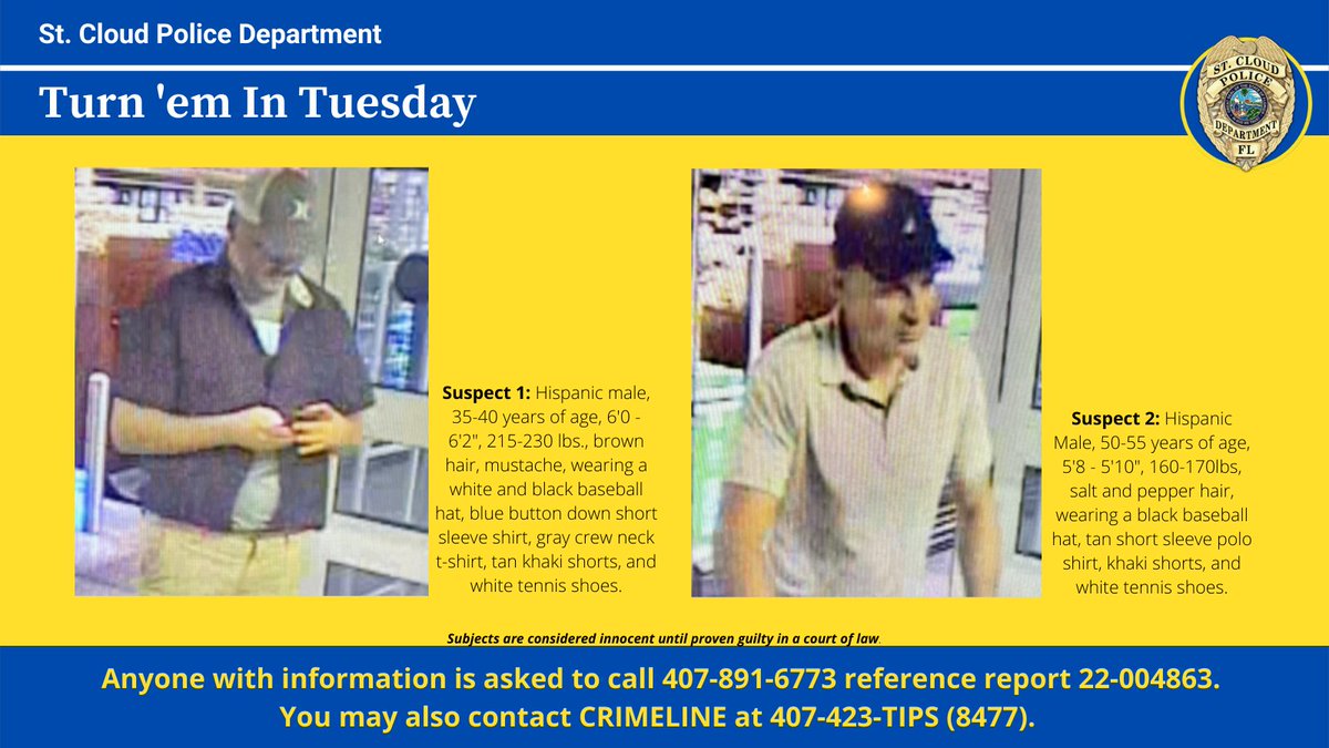 StCloudPD's tweet photo. Do you recognize either of these two men?
Both men are fraud suspects from a weekend case where a credit card skimming device was placed on a credit card reader at the Nolte Walmart gas station. If so, call @CrimelineFL or us.
#TurnEmInTuesday #CrimeTips #Crimeline #SCPD https://t.co/bEqZGlWxl5