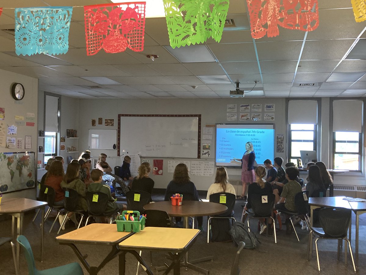 SMSRaidersVT's tweet photo. Day 1 - Spanish Class, a Science Activator, Mr. Peterson showcasing the return of the salad bar and a faculty meeting to celebrate and debrief a successful first day! #smsvt #lsuuvt #belonging https://t.co/JPuRLjOsxT