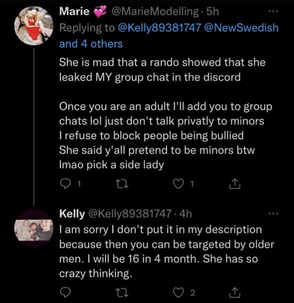 NewSwedish's tweet photo. @TerreneTwilight @FaveAbuser She knows that “Kelly” is 15 years old. She uses the excuse that she’s “defending” these children from “bullies”-The “bullies” are the ADULTS trying to protect them from groomers &amp; pedos. This is the same excuse that @Transwomyn uses to justify his “friendships” with little girls https://t.co/34jJYKDQJC