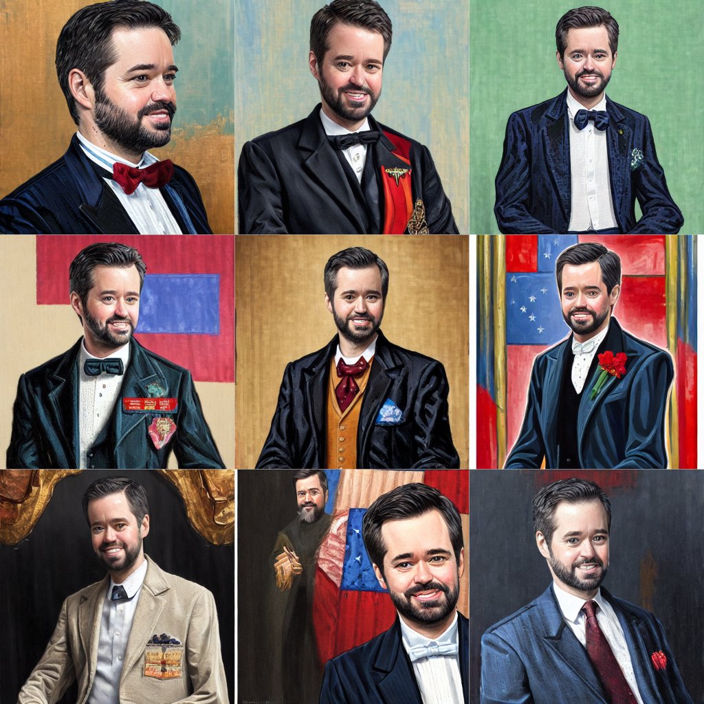 oppie85's tweet photo. Textual inversion with #stablediffusion is extremely finicky but I've gotten to the point where I can reliably generate vaguely dictatorial presidential portraits of myself and I'm loving it! #aiart https://t.co/QkkxudSHZp