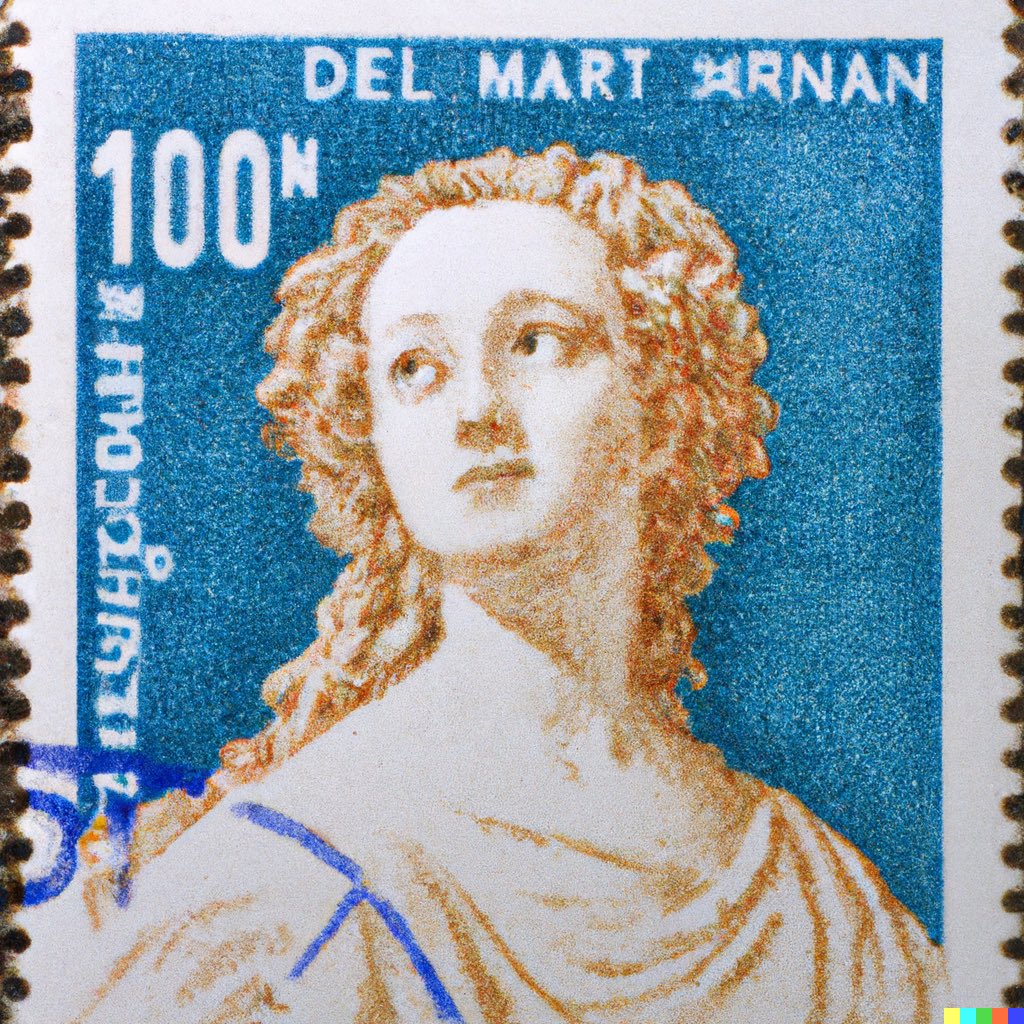 “A square postage stamp from France depicting Marianne, lithograph, colorful”