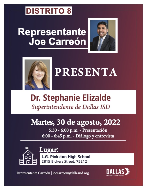 TODAY! Join District 8 Trustee Joe Carreón for a special meet and greet with Superintendent Stephanie Elizalde starting at 5:30 PM at Pinkston High School. We can't wait to see you all there!